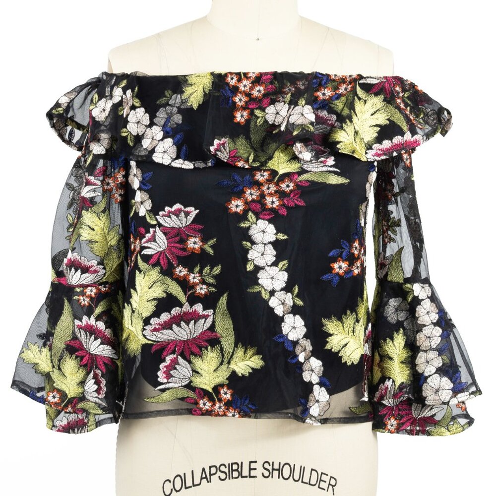 Amanda Uprichard Black Organza Floral Embroidered Off Shoulder Blouse XS